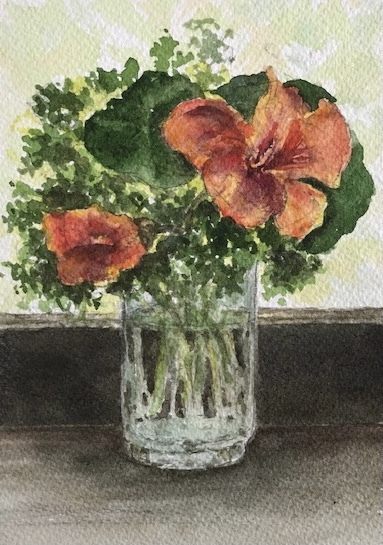 Elin Larson, "Nasturtiums", watercolor, 6.5x4.5, $250