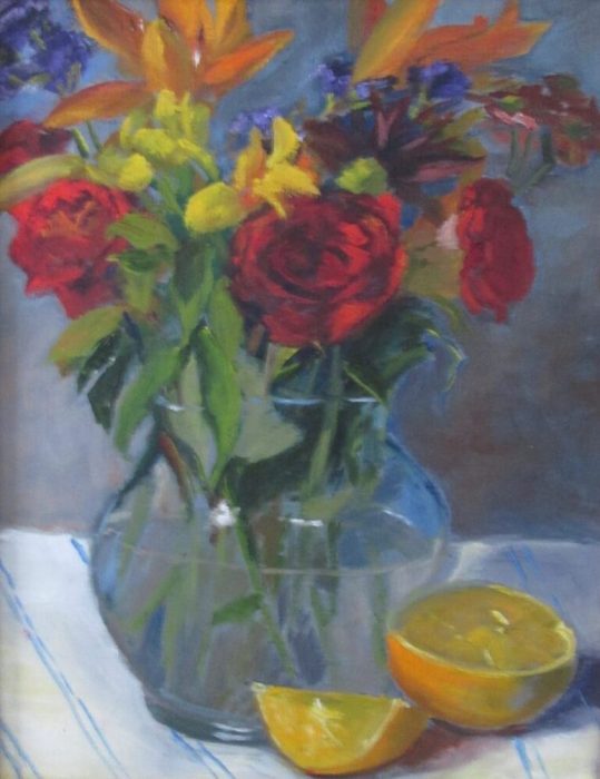 Suzanne Lewis, "Vase of Roses", oil, 14x11', $325