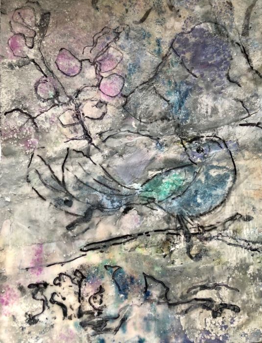 Catherine Mansell, "Bird in Snowfall", mixed media/encaustic, 15x12, $340