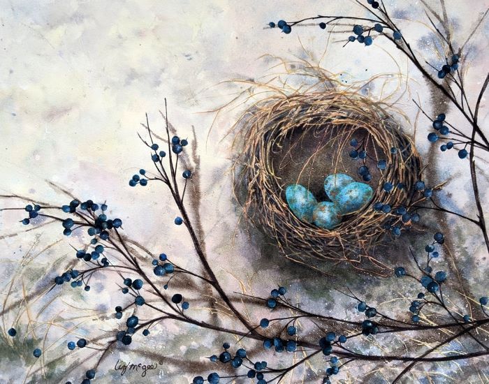 Liz McGee, "Speckled Eggs", watercolor, 11x14, $1,600