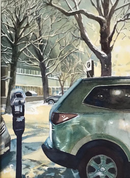 Joan McPherson, "Snowy Evening, New Haven", watercolor, 20x17, $450
