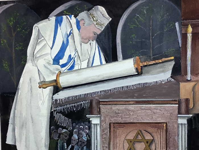 Michael Mendel, "Yom Kippur Service", watercolor, 17x21, $600