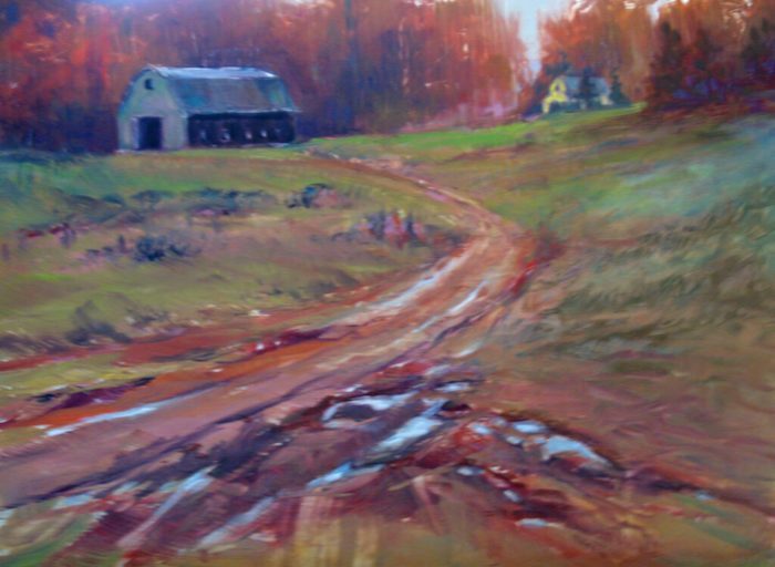 Judith Meyers, "Mud Season", oil on aluminum, 12x16, $500