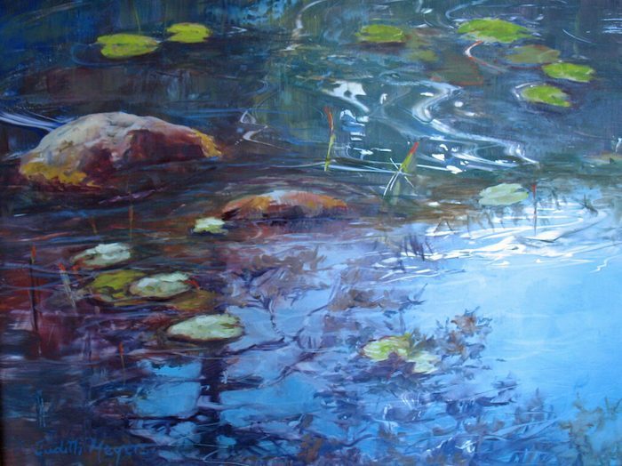 Judith Meyers, "Song of the Bullfrog", oil on aluminum, 12x16, $500