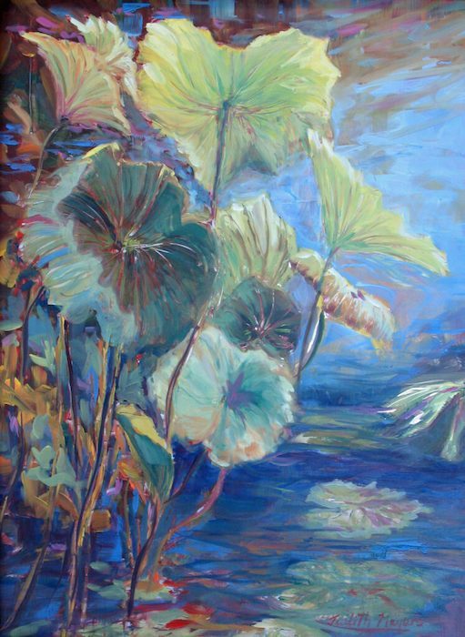 Judith Meyers, "Water Lotus", oil on aluminum, 12x16, $500