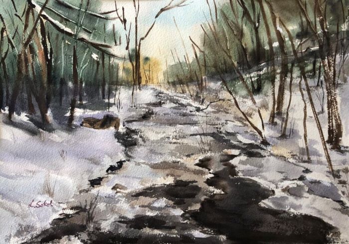 Lucia Sokol, "Bee Brook, Washington CT", watercolor, 11x16, $450