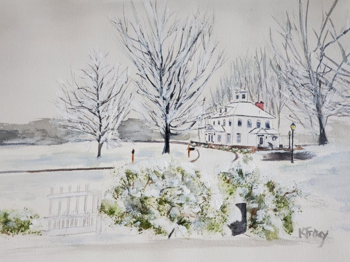 Kathleen Tracy, "First Snowfall", watercolor, 17x21, $350