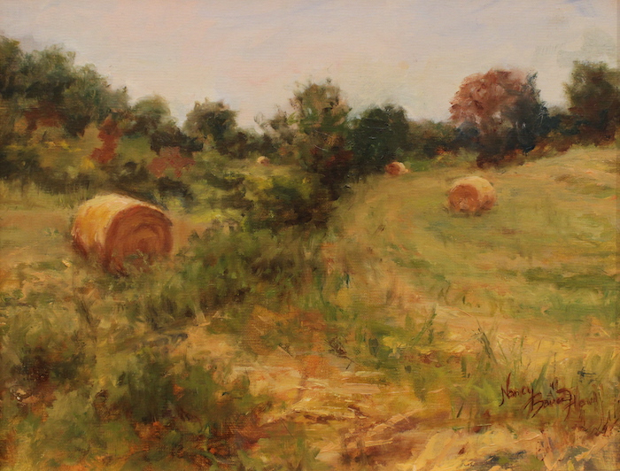 Nancy Bauer Howell, "Italian Hay Balls", oil, $450.  AWARD OF MERIT Juror comment: "Beautiful landscape with a great design, following the hay bales back along the path. The harmony is so soft and believable with great variety in the greens. I love the way she paid attention to the grasses on the right, the direction of brushstrokes." - Kathy Anderson