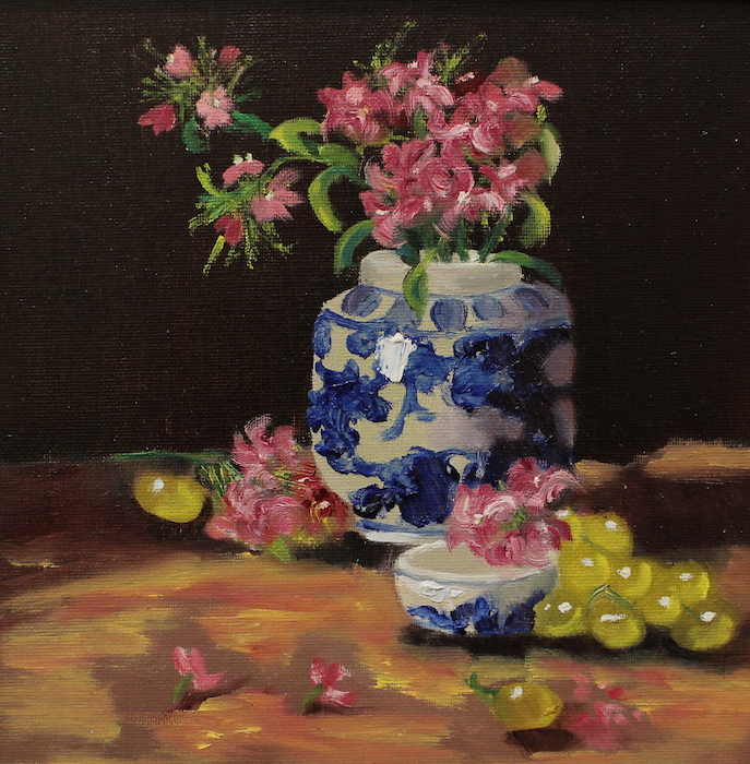 Carol Frieswick, "Pinks in Blue", oil, 8x8, $250. SOLD