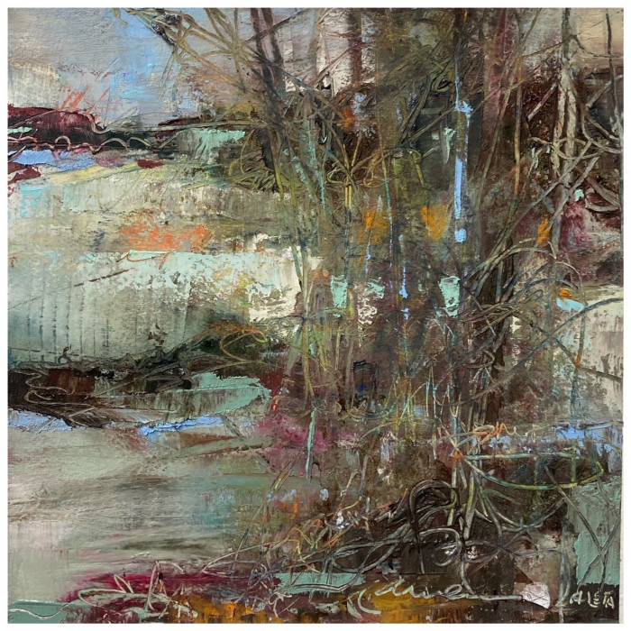 Aleta Gudelski, "Sanctuary", coldwax/oil, 17x18, $400.  FIRST PRIZE. SOLD Juror Comment: "This painting expresses a high level of skill in the fact of it being very abstract at the same time as realistically conveying a tranquil woodland scene .   I see a small river running through, possibly snow patches designed carefully, trees and branches placed just right, and spots of beautiful bold color . All this leads to a lovely story with an element of mystery." - Kathy Anderson