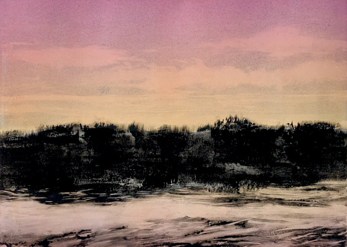 Kathleen DeMeo, "Dusk at Goose Island", monotype, 16x20, $500