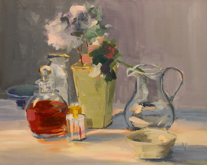 Andi Pepper, "Hydrangeas and Perfume Bottle", oil, 26x22, $450