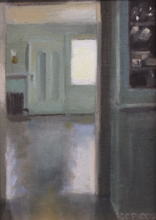 Catherine Puccio, "Room with a View", oil, 7x5, $475. THIRD PRIZE Juror comment: "This interior is such a gem, so beautifully designed and such perfect color harmony.  The reflected light from the window , the skillful drawing, and I love the hutch in the front with the  objects depicted with simple brushstrokes, even the handle of a tiny cup!" - Kathy Anderson