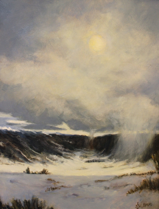 Pamela Reese, "Mountain Snow Squall", oil, 18x14, $1,500. SECOND PRIZE Juror comment:   "The sense of light and feeling of the cold and snow is handled so beautifully in this painting. The way she paints the snow squall drifting up and meeting the clouds, the mountains leading you down to the center of light, and the sun shining through the clouds is just magical." - Kathy Anderson