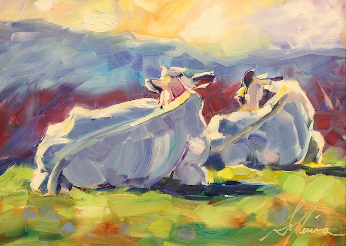 Sylvina Rollins, "Bovine Sun Worshipers", oil, 9x12, $495