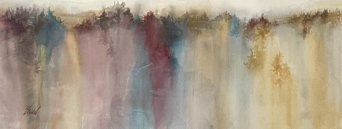 Susan Shaw, "Suffusion of Trees", watercolor, 14x26, $850