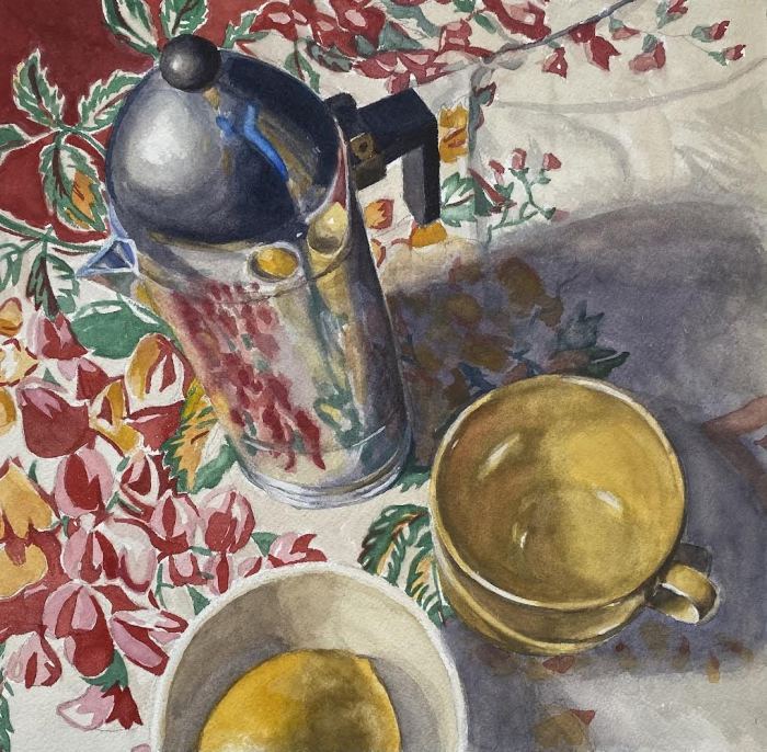 Patricia Shoemaker , "Breakfast Table", watercolor, 17x17, $875