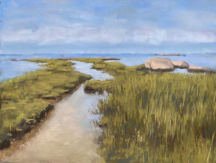 Patricia Shoemaker , "Chaffinch Marsh", pastel, 19x22, $950