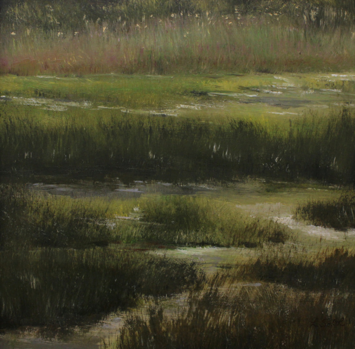 Lucia Sokol, "Marshland, SE CT", oil, 10x10, $350
