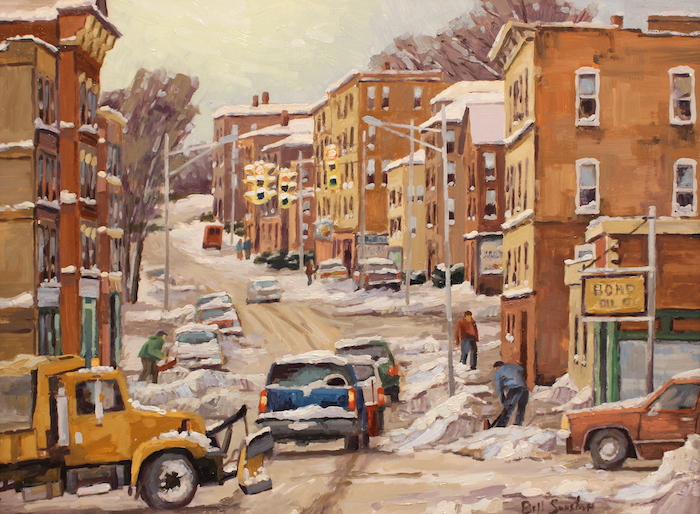 Bill Sonstrom, "After the Snowstorm", oil, 18x24, $1,200. AWARD OF MERIT Juror comment: "I love a painting that tells a story like this does, with a perfect blend of soft edges, feeling of distance, attention to all the little details – traffic lights, figures, the yellow truck coming in in the foreground." - Kathy Anderson