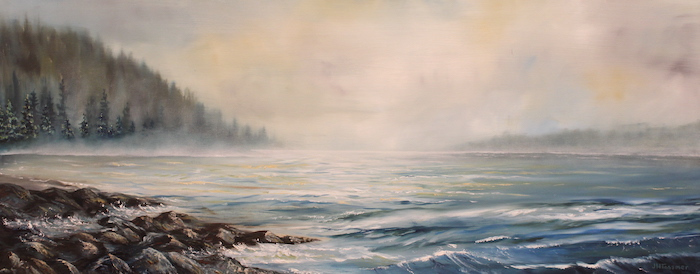 Jennifer Tassmer, "Misty Harbor", oil, 18x40, $1,295