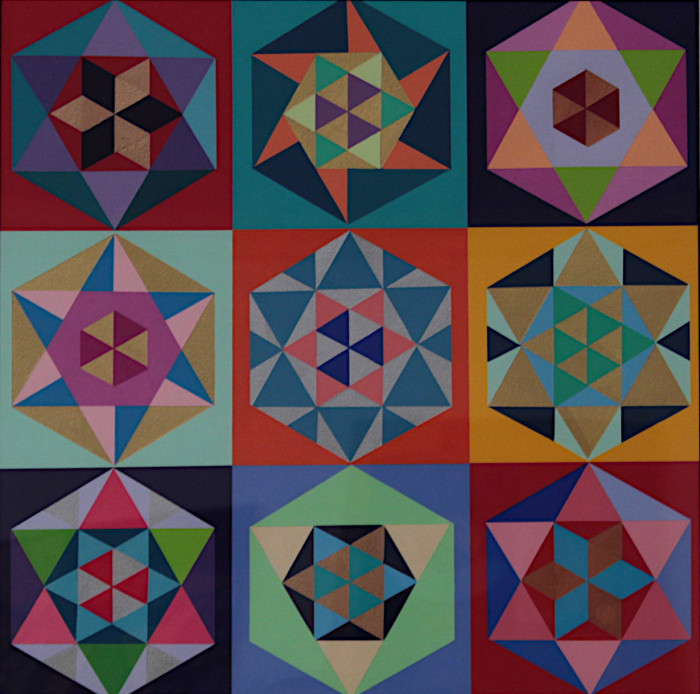 Jacobik, Gray, "Nine Hexahons Squared", Acrylic Gouche, $850