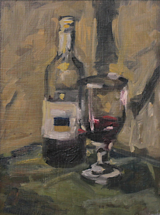 Sanks, Charles, "Still Life on Bottle of Wine", Oil on Panel, $300