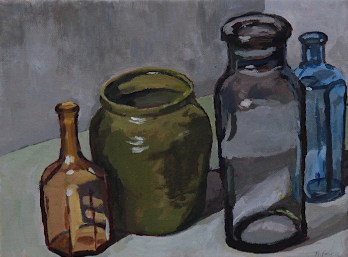 Farara, Nancy "Green Vase & Bottles, acrylic, $400