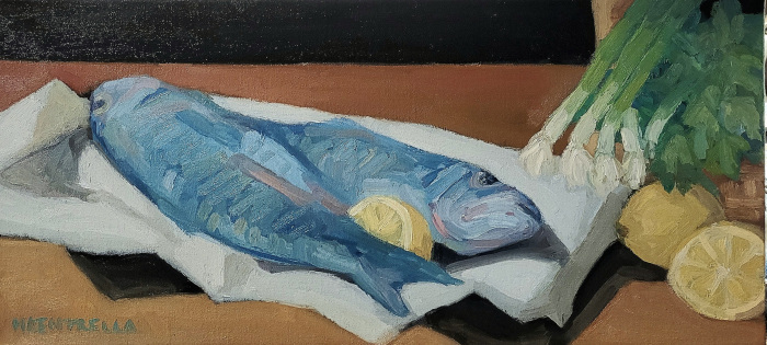 Centrella, Michael, "Scrod, Green Onions, Lemons & Parsley", Oil on Canvas, $695