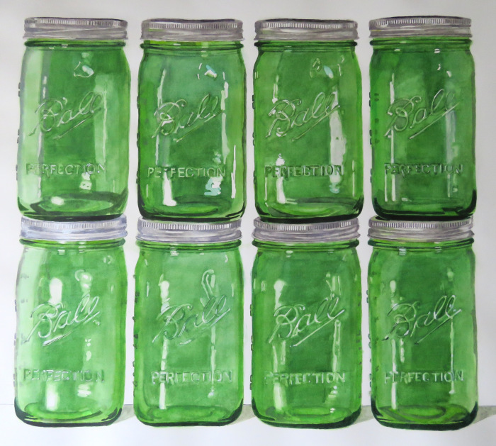 Potter, Jeanne Carol, "Eight Green Ball Jars with Silver Lids", Watercolor, $2,900