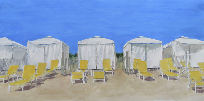 Potter, Jeanne Carol, "Beach Cabanas with Yellow Chaises", Watercolor, $2,500