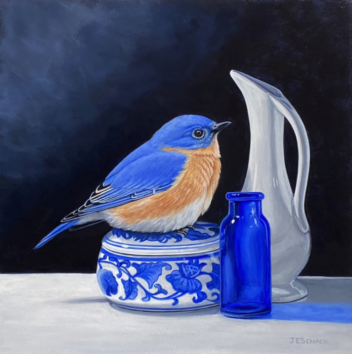 Senack, J. Elaine, "Bluebird with Vase", Acrylic on Panel, $1,480