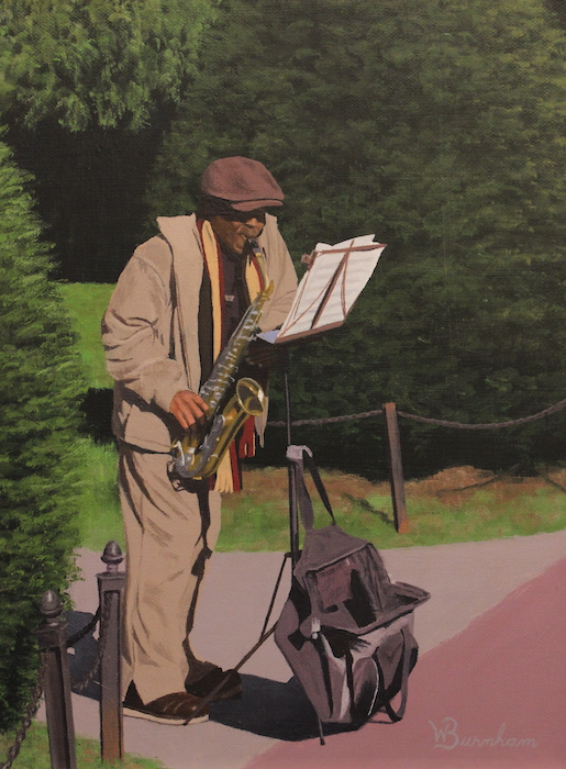 William Burnham, "Sax in the City", acrylic, $625