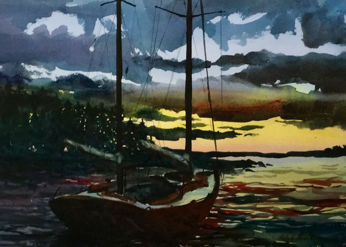 Ralph Acosta	, 	Setting Sails and Sun	, 	watercolor	, 	$2,300	, 	22 x 28