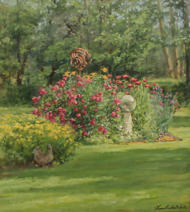 Sharon Jordan Bahosh	, 	Gazing Globe in the Garden	, 	oil	, 	$2,000