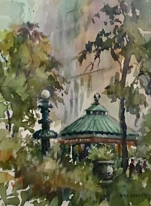 Jean Bowler	, <i>	Bryant Park Morning	, </i>	watercolor	, 	$350	, 	14 x 11
