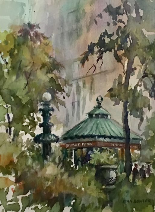 Jean Bowler	, 	Bryant Park Morning	, 	watercolor	, 	$350	, 	14 x 11