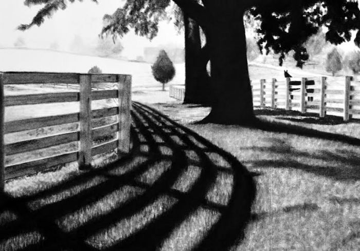 Mary Felton	, 	Horse Farm	, 	charcoal  	, 	$525