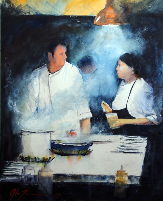 Alan James	, <i>	Chef a Chef	, </i>	watercolor	, 	$1,600	, 	16 x 20
