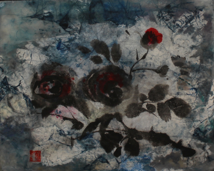 Catherine Radix Mansell, <i>Evening Red Roses, </i>ink, wax, paper, $175