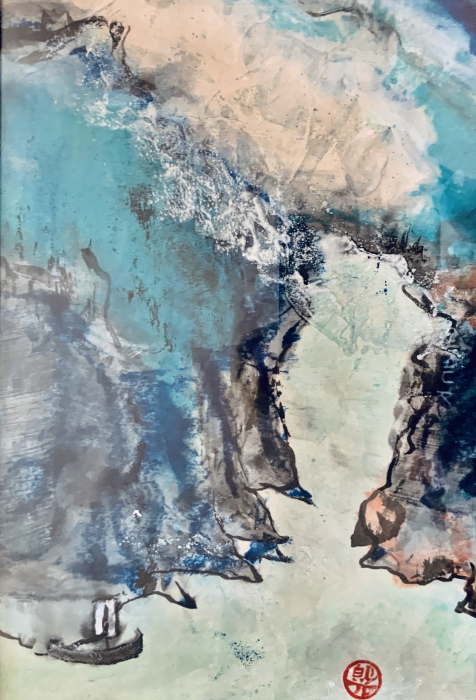 Catherine Radix Mansell, Mystical Mountain, ink, wax, paper, $350