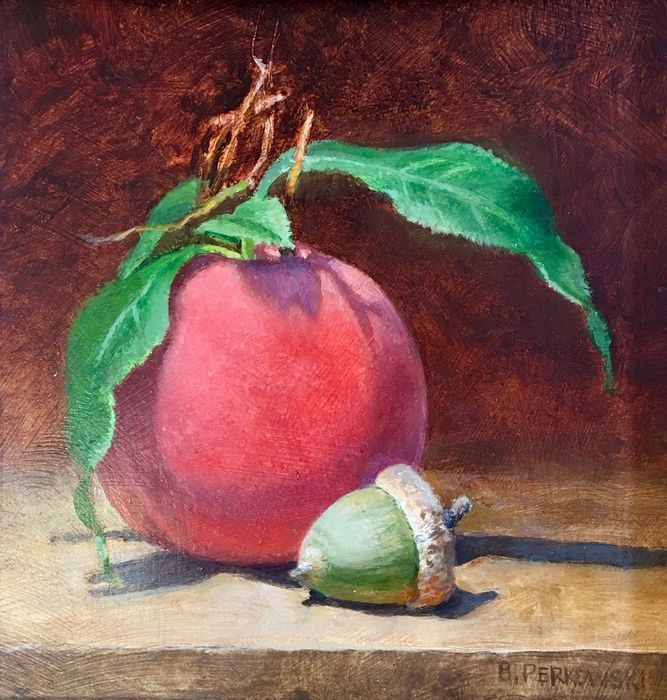 Bob Perkowski	, 	Summer Peach with Green Acorn	, 	oil	, 	$500	, 	6 x 6