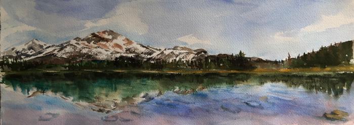 Lucia Sokol, Pyramid Lake, Canadian Rockies, watercolor, $350