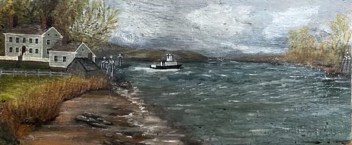 Sarah Jansen, "Early Days of the Chester Hadlyme Ferry"_oil on native chestnut board, 14x33, $1,200
