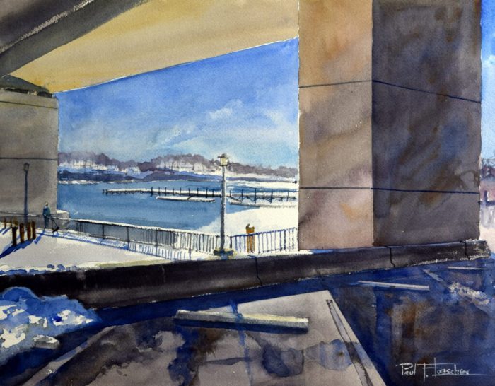 Paul Loescher, "Winter Sunlight Under-the-Baldwin Bridge", watercolor, 21x25, SOLD
