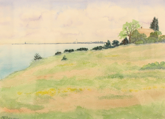 Anne Bingham Pierson, "Griswold Point Hayfield View", watercolor, 16x20, $500