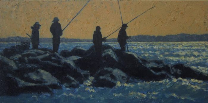 Sarah Stifler Lucas, "Fathers and Sons", oil, 10x20, $3,200