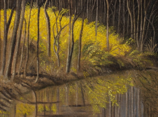 Necla Balasaygun, "Forsythias by the Creek", oil, $450