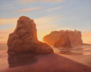 Irene Jeruss, "Sea Stacks, Setting Sun", oil, $1,600