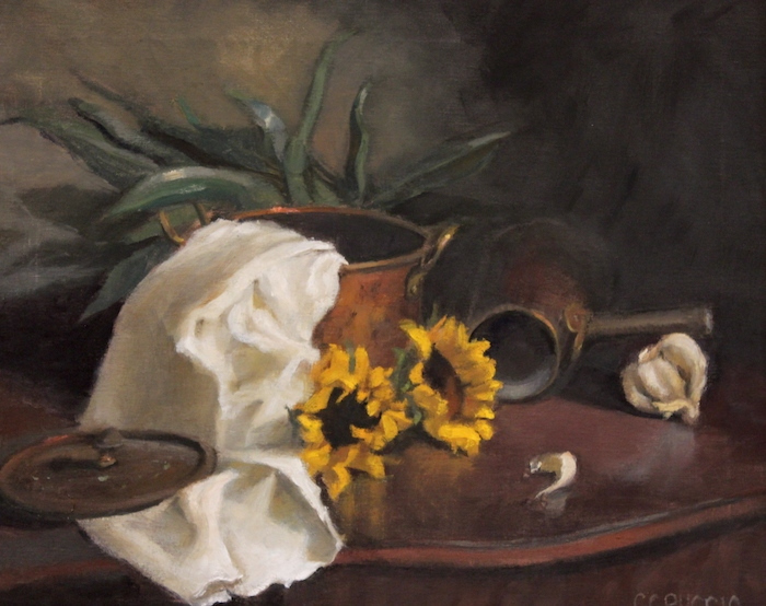 Catherine Puccio, "Sunflowers and Copper", oil, $1,100